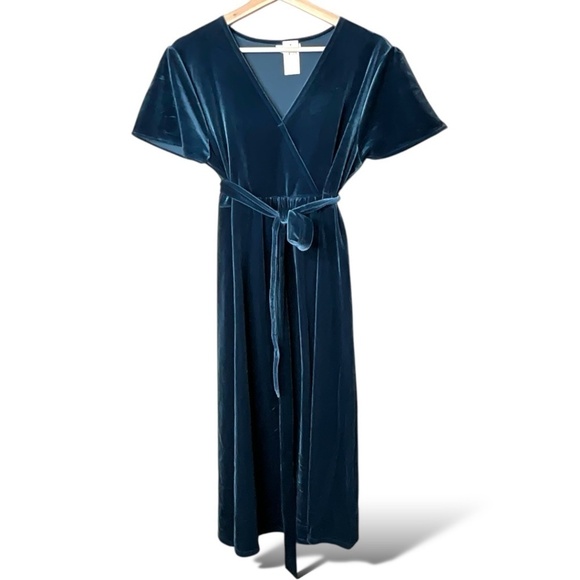 GAP Maternity Teal Blue Velvet Faux Wrap Short Sleeve Midi Dress Tie Waist Sz L - Picture 1 of 9
